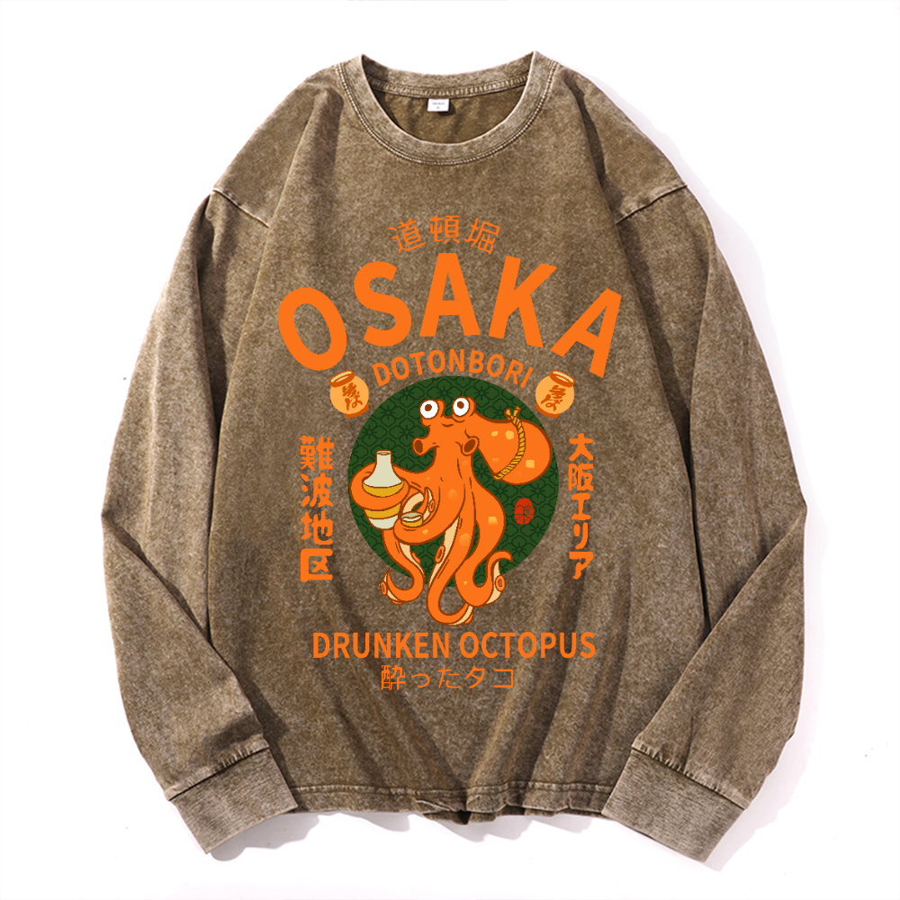 Osaka Dotonbori Drunken Octopus Vintage Cotton Wash Crewneck Long-Sleeve T-Shirt