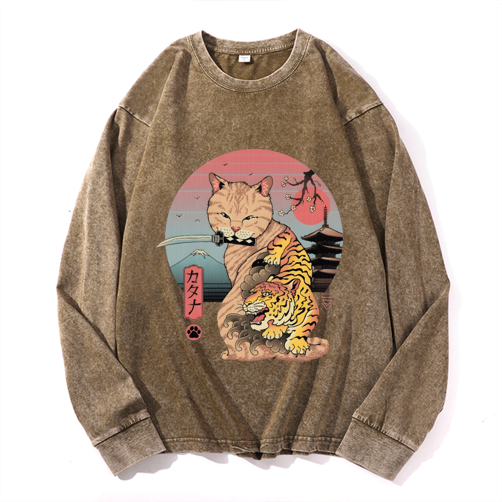 Cat Vintage Cotton Wash Crewneck Long-Sleeve T-Shirt