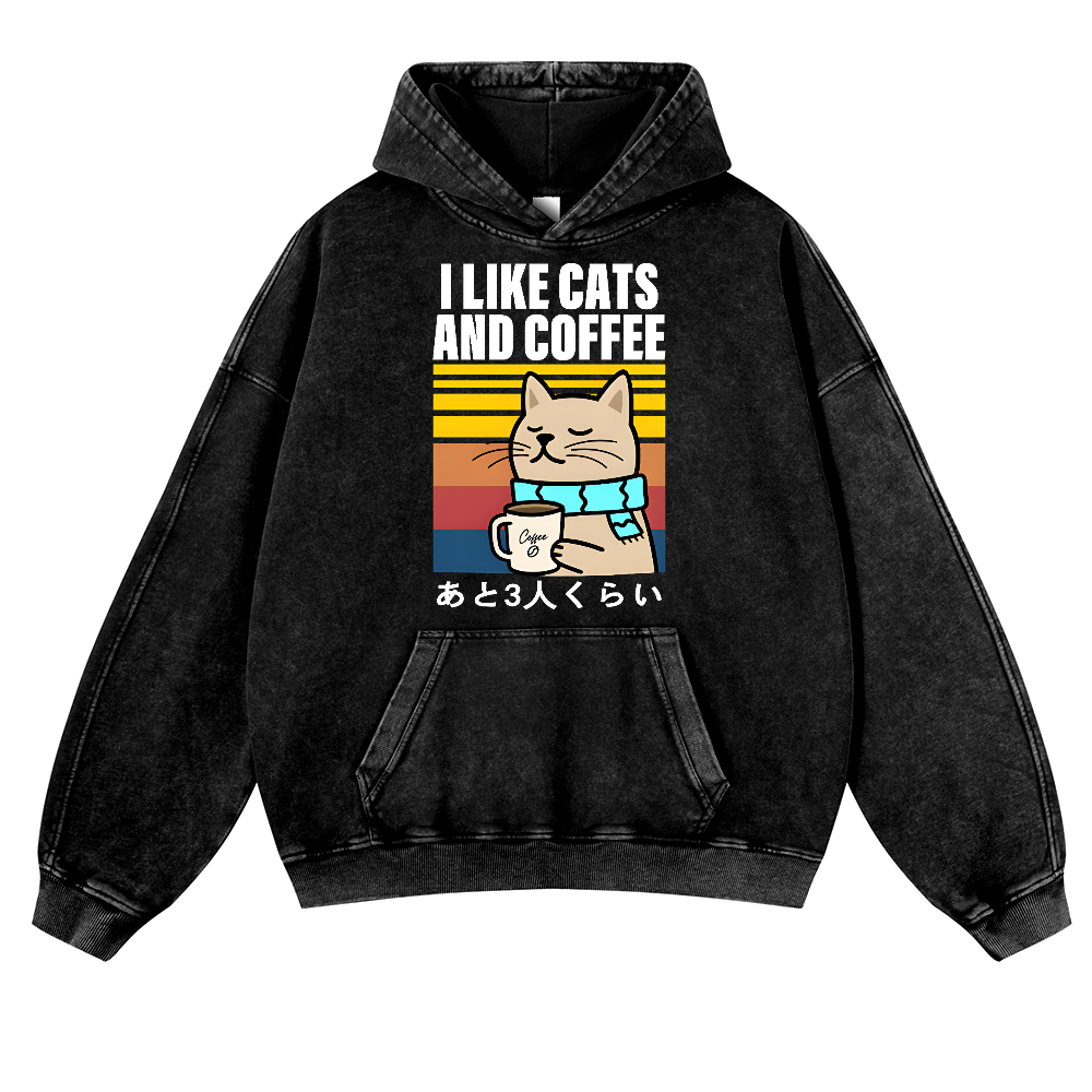 Cat Coffee Vintage Washed Thick Cotton Hoodie