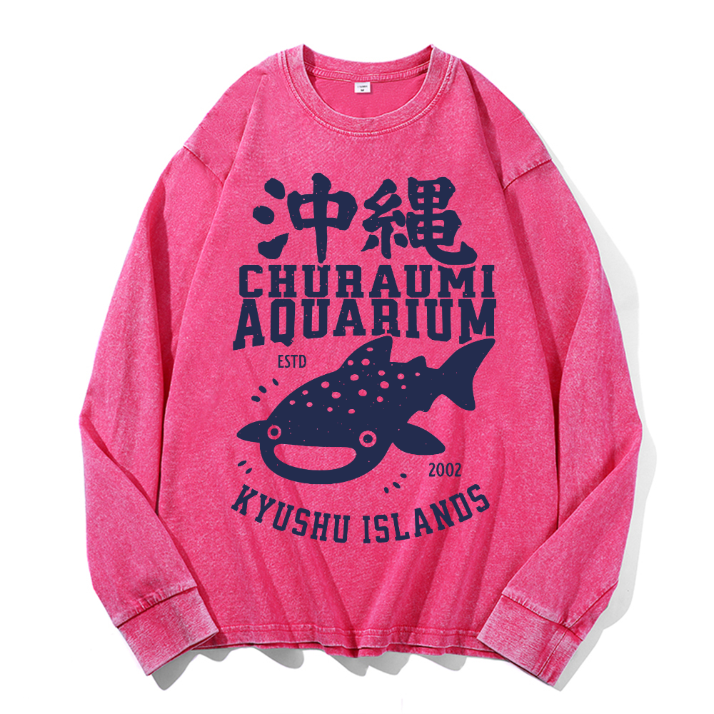Okinawa Churaumi Aquarium Kyushu Islands Vintage Cotton Wash Crewneck Long-Sleeve T-Shirt