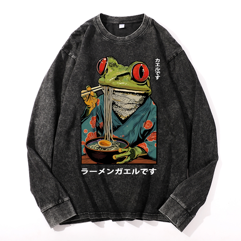 Frog Ramen Vintage Cotton Wash Long-sleeve T-shirt