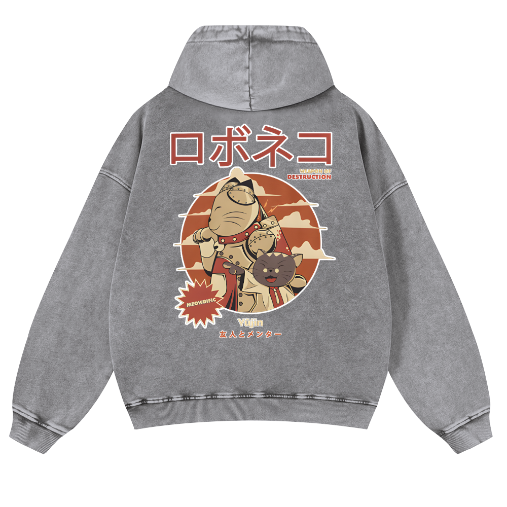 Cat Anime Vintage Washed Cotton Back Art Hoodie