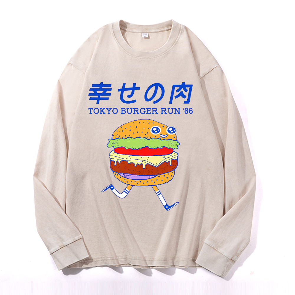 Tokyo Burger Run 86 Vintage Cotton Wash Crewneck Long-Sleeve T-Shirt