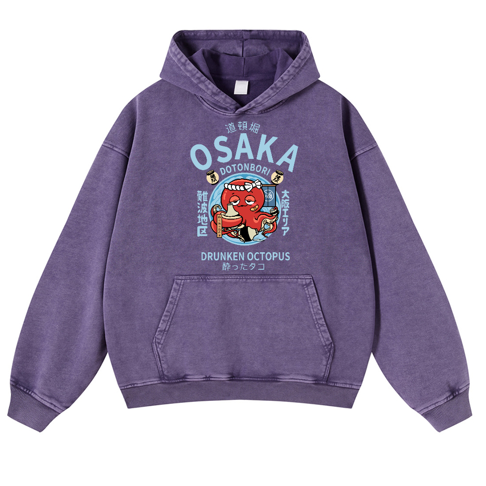 Osaka Dotonbori Drunken Octopus Vintage Washed Thick Cotton Hoodie