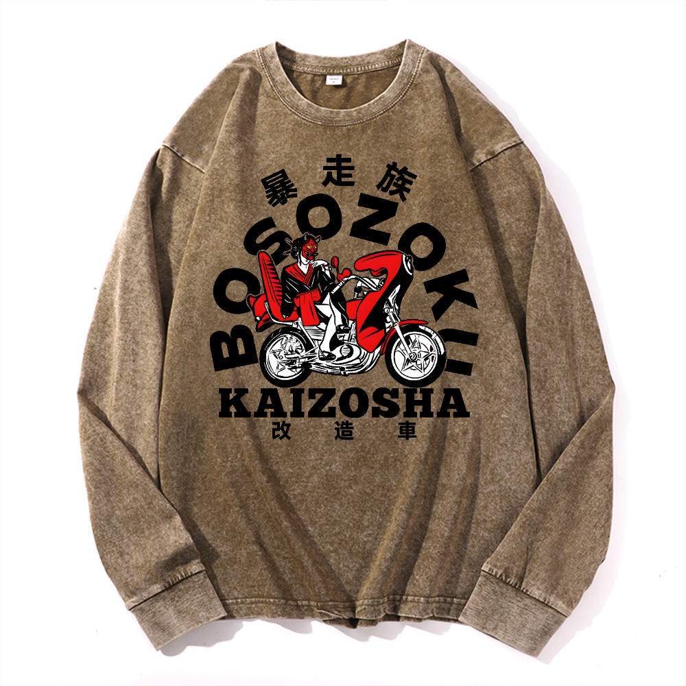 Bosozoku Vintage Cotton Wash Crewneck Long-Sleeve T-Shirt