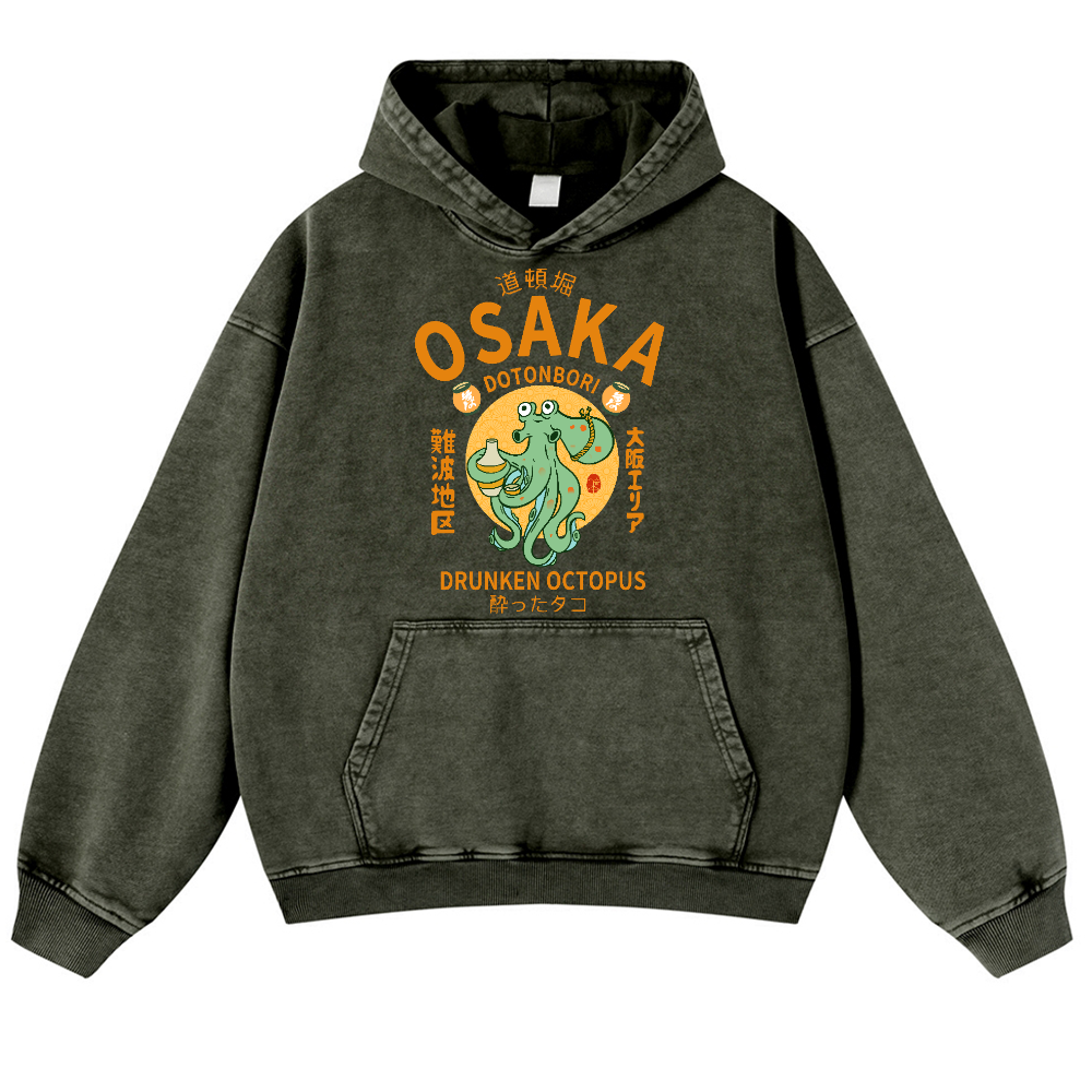 Osaka Dotonbori Drunken Octopus Vintage Washed Thick Cotton Hoodie