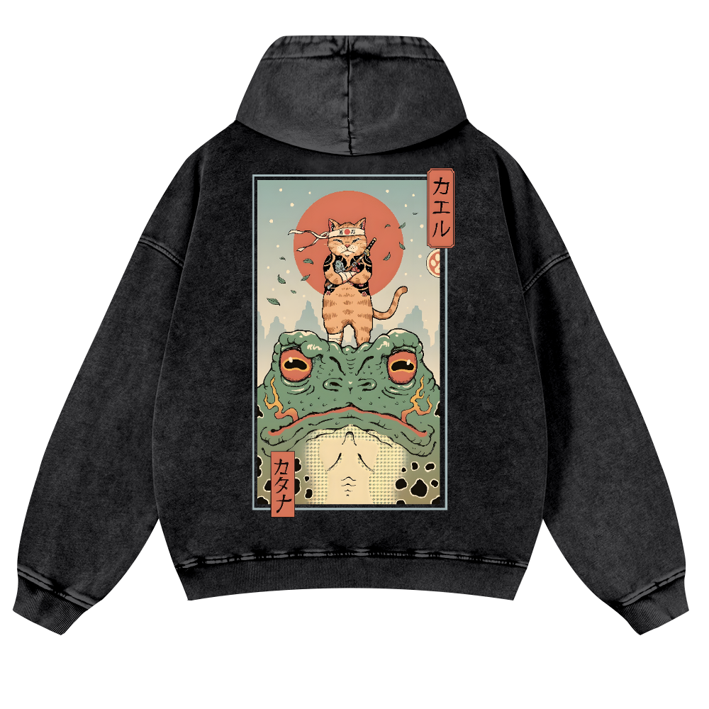 Cat Frog Vintage Washed Cotton Back Art Hoodie