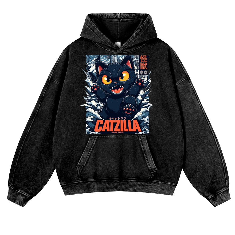 Catzilla Cat Kaiju Vintage Washed Thick Cotton Hoodie