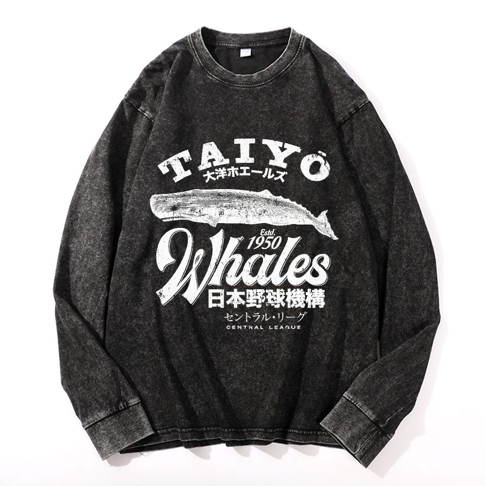 Taiyo Whales Vintage Cotton Wash Crewneck Long-Sleeve T-Shirt