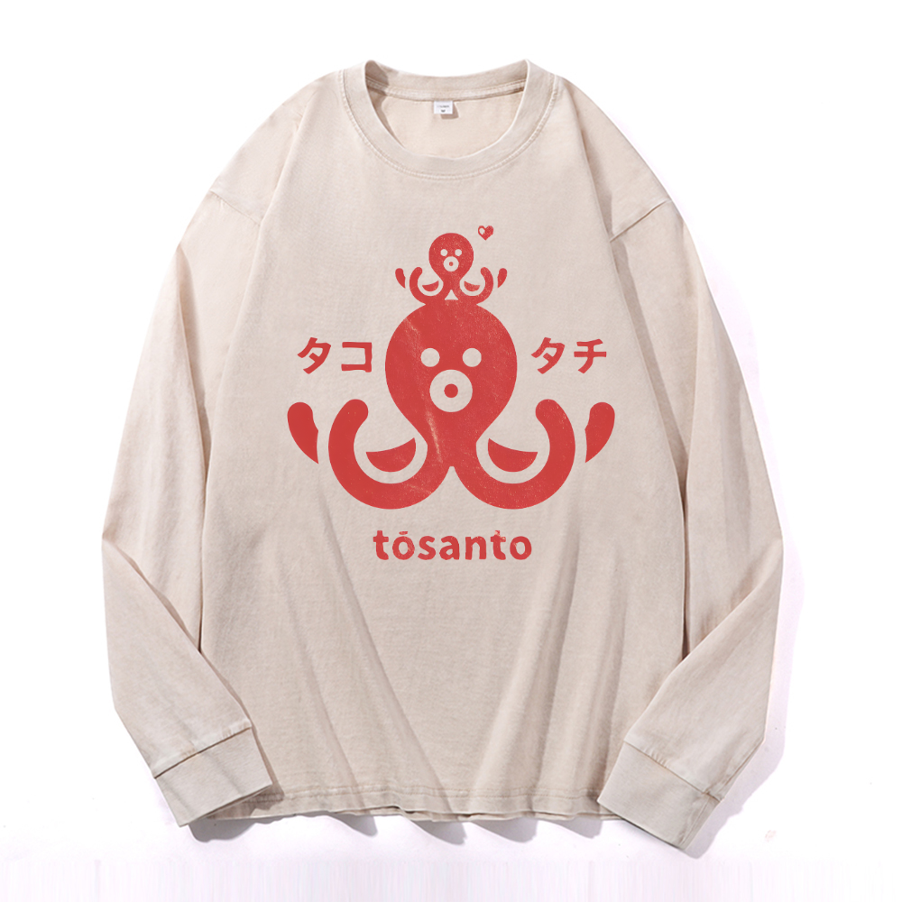 Tosanto Octopus Vintage Cotton Wash Crewneck Long-Sleeve T-Shirt