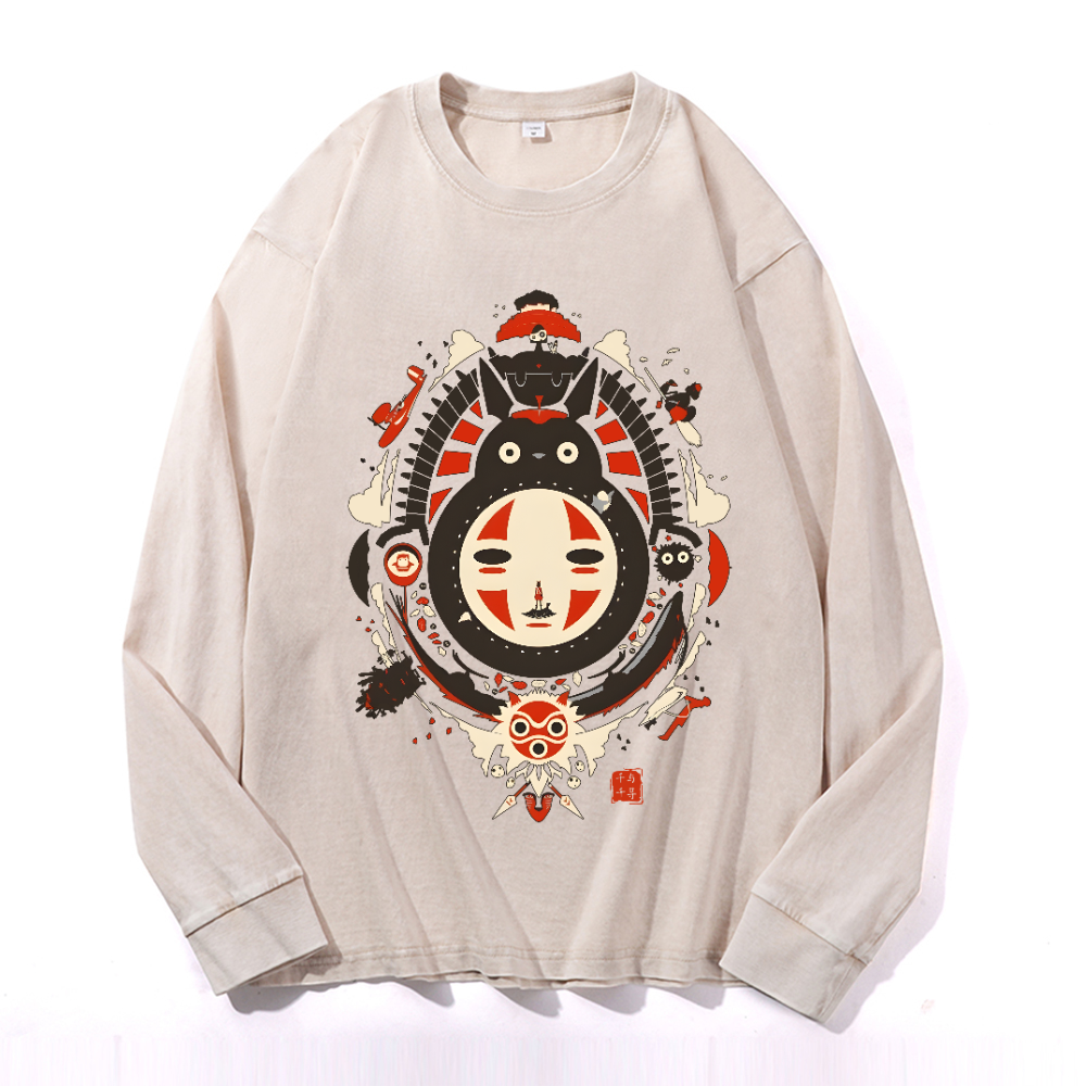Ghibli Totoro No Face Kaonashi Vintage Cotton Wash Long-sleeve T-shirt