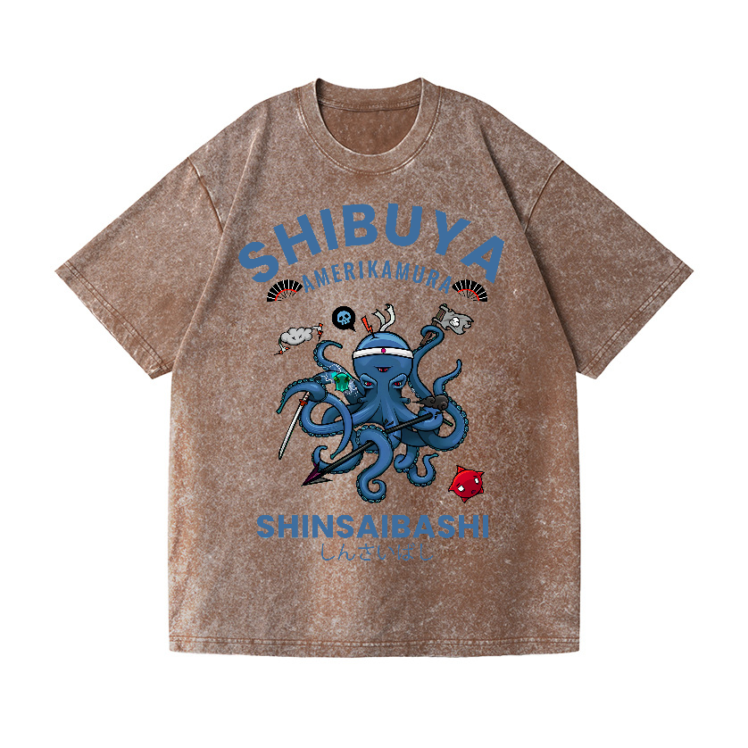 Shibuya Octopus Vintage Wash Japanese Design T-Shirt