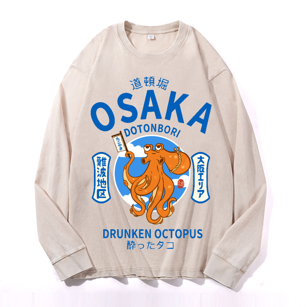 Osaka Dotonbori Drunken Octopus Vintage Cotton Wash Crewneck Long-Sleeve T-Shirt