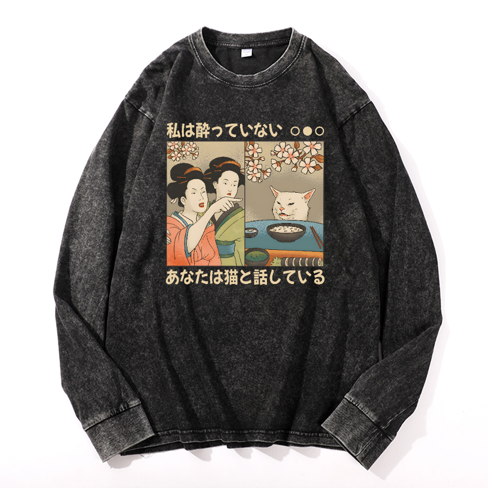 Woman Yelling at a Cat Vintage Cotton Wash Crewneck Long-Sleeve T-Shirt