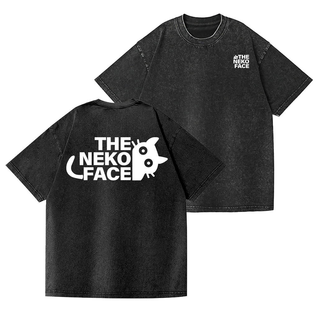 The Neko Face Vintage Wash Japanese Design Back Art T-Shirt