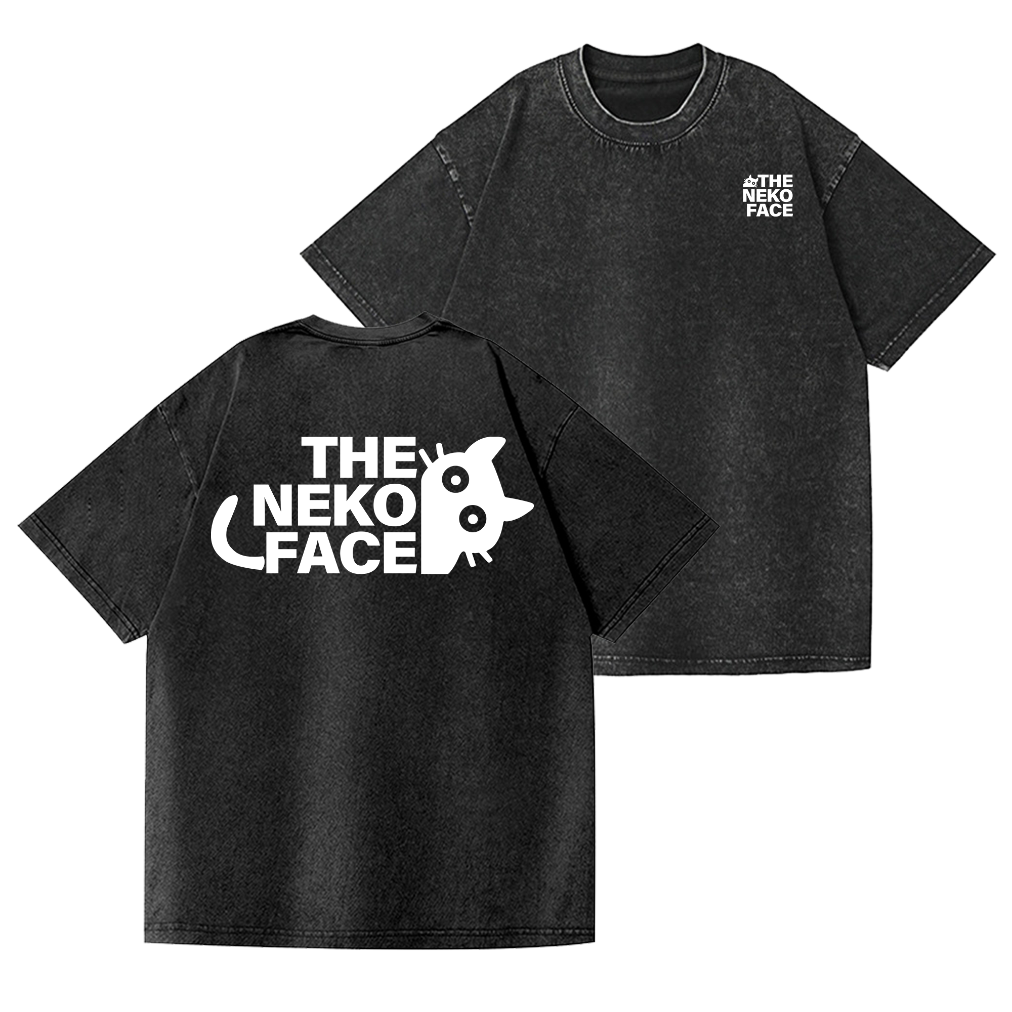 The Neko Face Vintage Wash Japanese Design Back Art T-Shirt