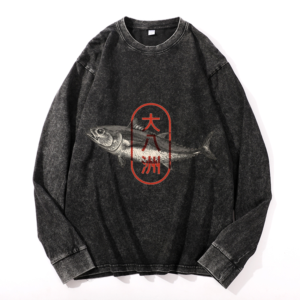 Great Eight Islands of Japan Vintage Cotton Wash Crewneck Long-Sleeve T-Shirt