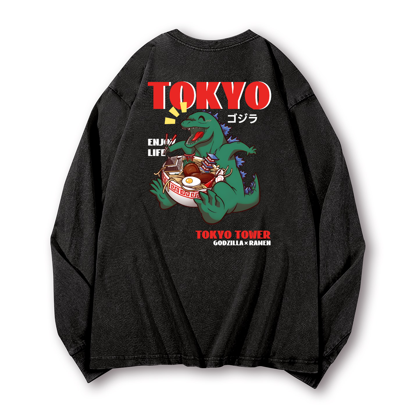 Ramen Kaiju Vintage Washed Cotton Back Art Long-sleeve T-shirt