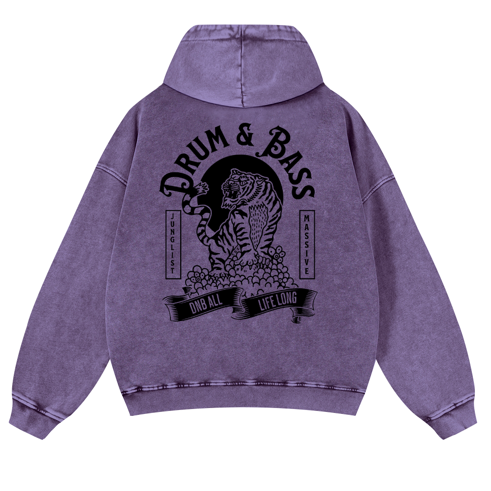 Drum & Bass Tiger Vintage Washed Cotton Back Art Hoodie