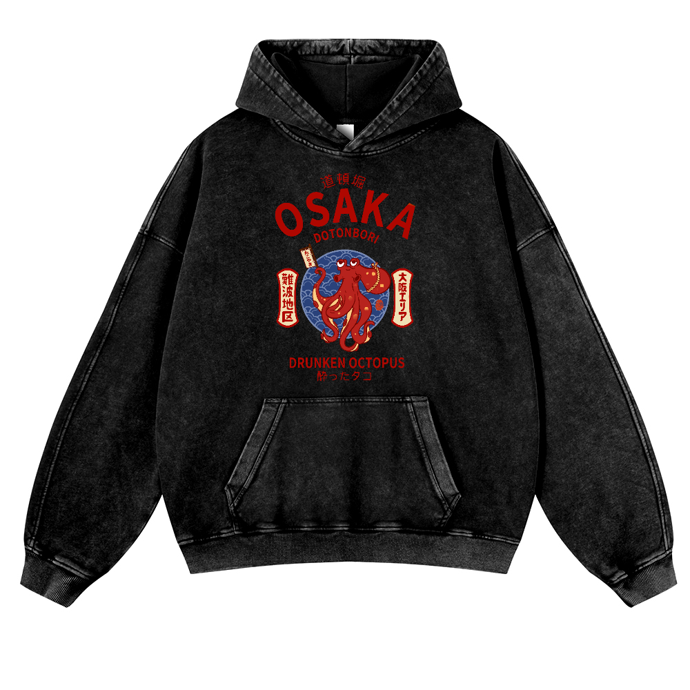 Osaka Dotonbori Drunken Octopus Vintage Washed Thick Cotton Hoodie
