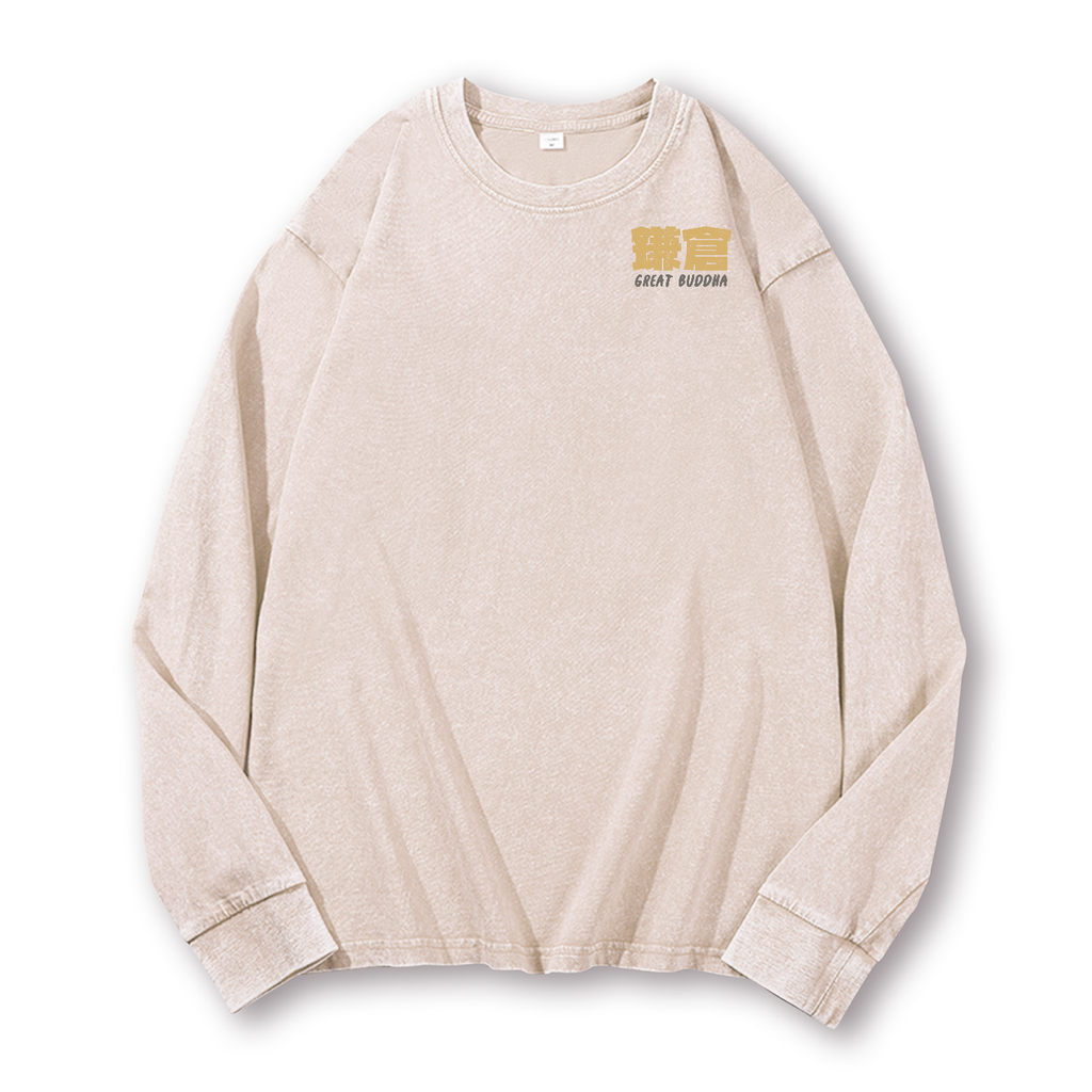 Buddhism Kamakura Daibutsu Great Buddha Vintage Washed Cotton Back Art Long-sleeve T-shirt