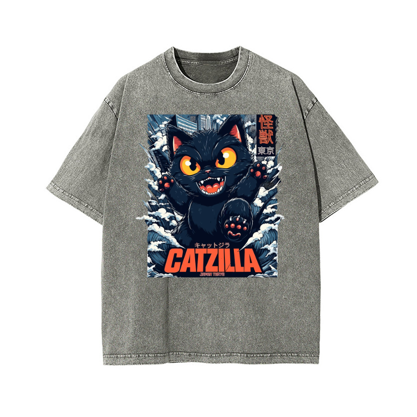 Black Cat Kaiju Catzilla Vintage Wash Japanese Design T-Shirt