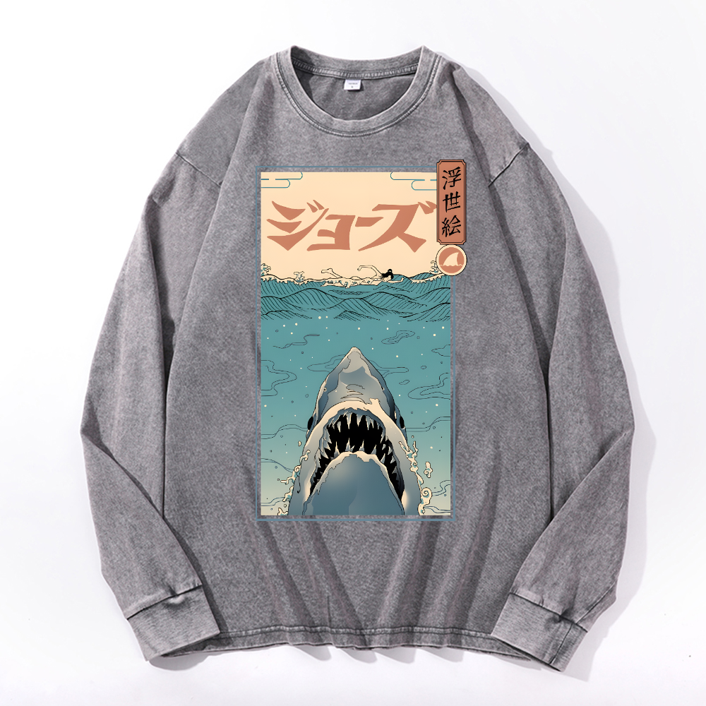 Jaws Vintage Cotton Wash Crewneck Long-Sleeve T-Shirt