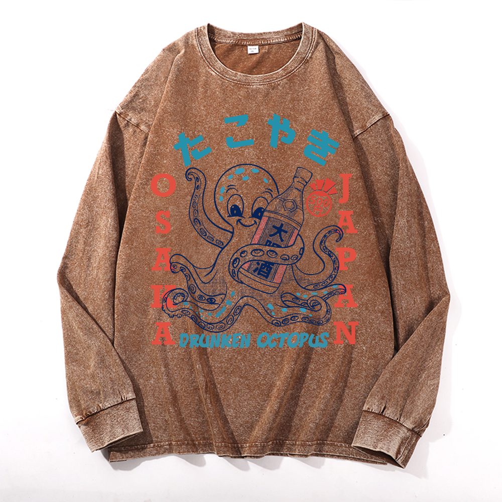 Drunken Octopus Vintage Cotton Wash Crewneck Long-Sleeve T-Shirt