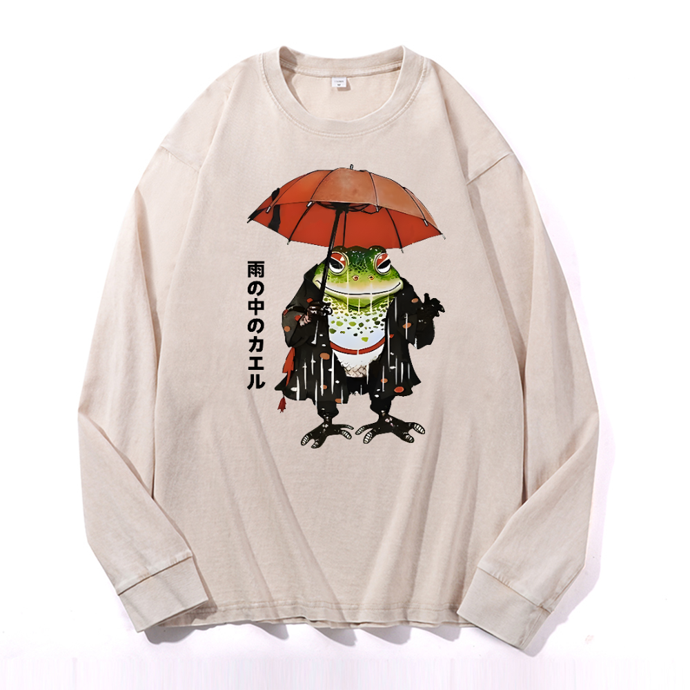 Frog In The Rain Vintage Cotton Wash Long-sleeve T-shirt