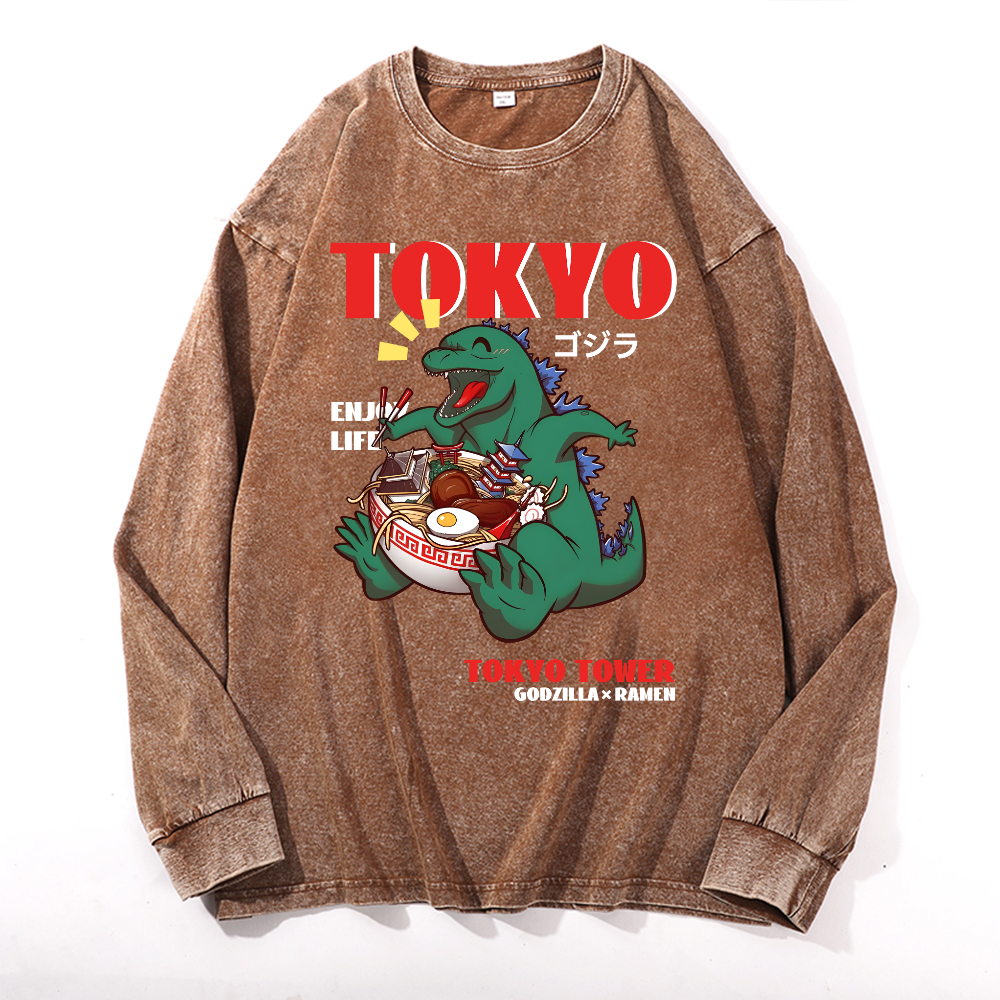 Tokyo Kaiju Ramen Vintage Cotton Wash Long-sleeve T-shirt