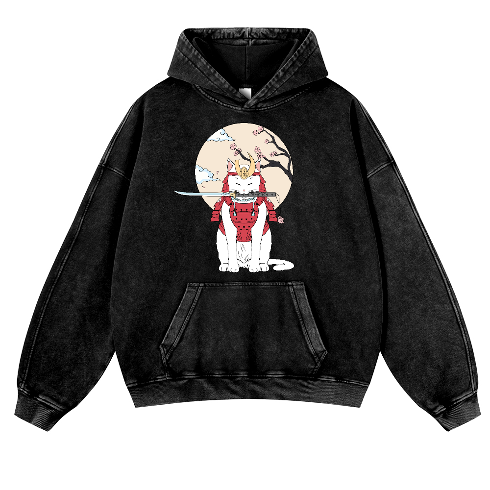 Samurai Cat Vintage Washed Thick Cotton Hoodie