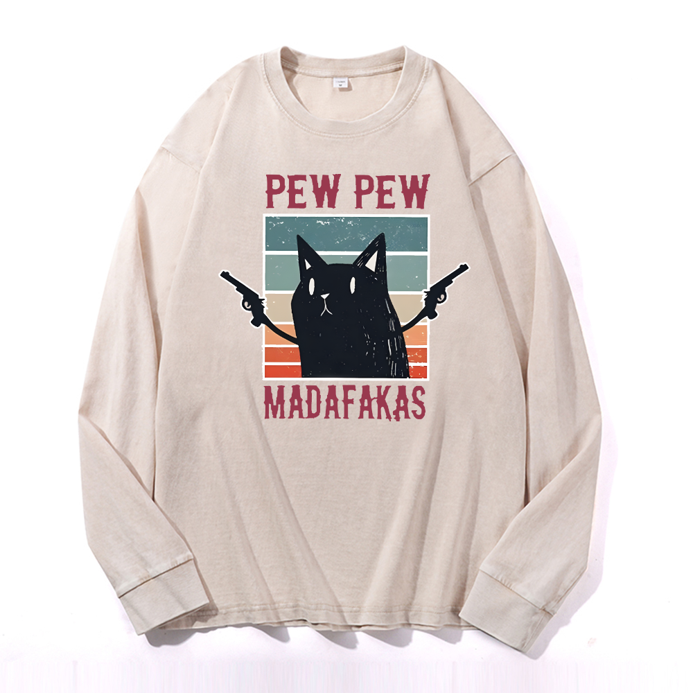 Cat Vintage Cotton Wash Crewneck Long-Sleeve T-Shirt