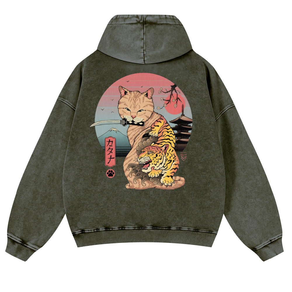 Japanese Cat Tiger Vintage Washed Cotton Back Art Hoodie
