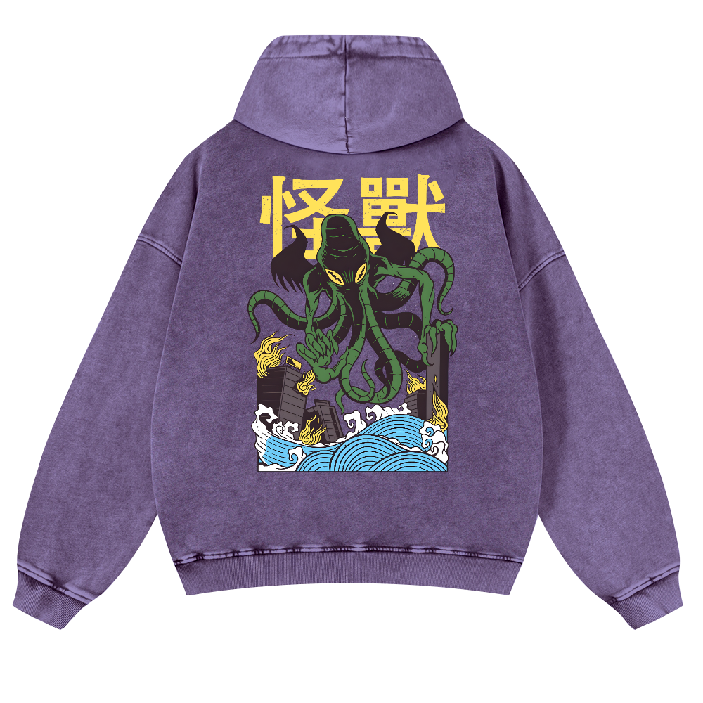 Octopus Monster Vintage Washed Cotton Back Art Hoodie