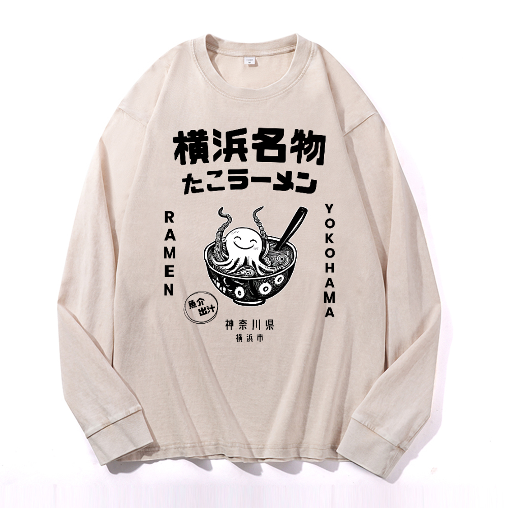 Yokohama Ramen Octopus Vintage Cotton Wash Crewneck Long-Sleeve T-Shirt