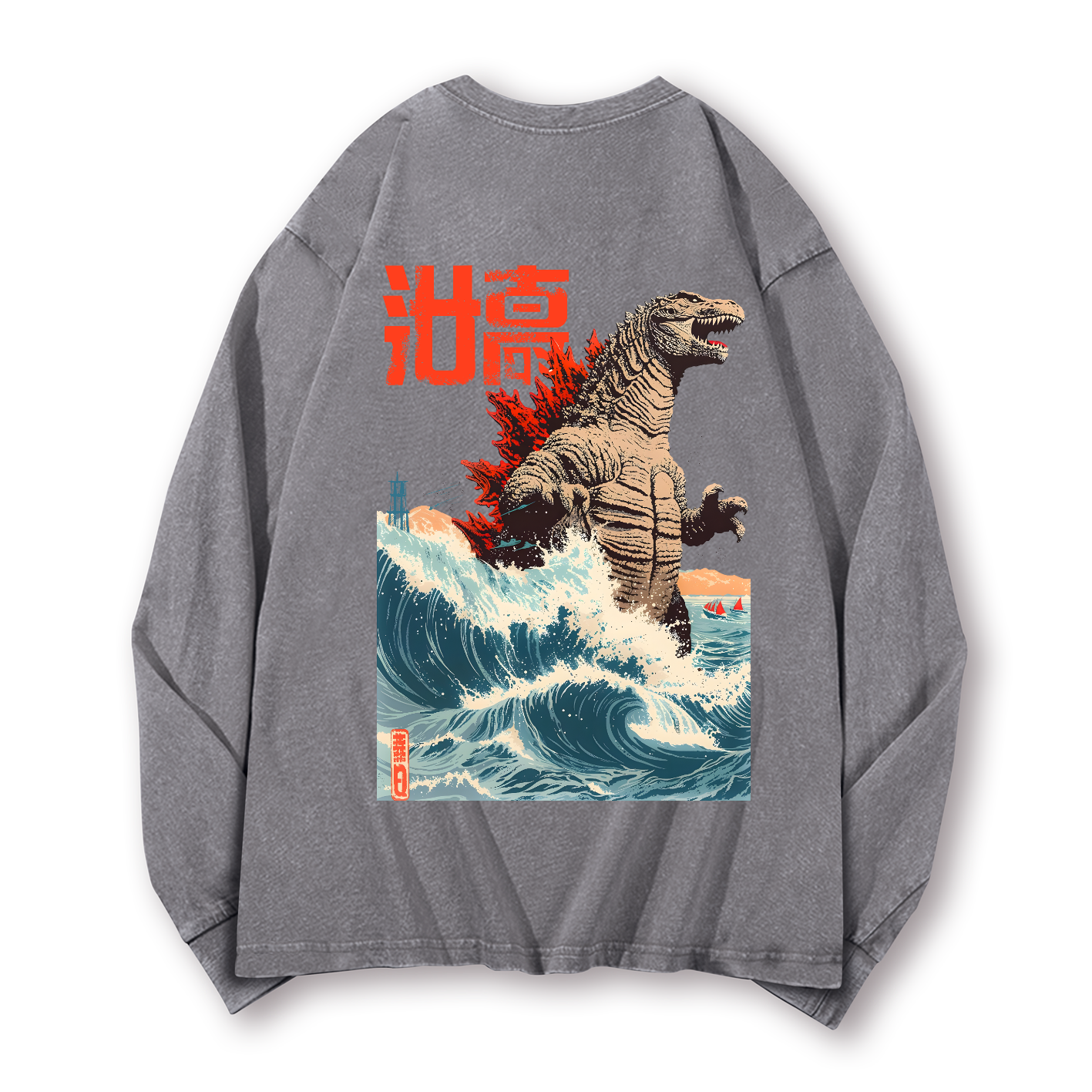 Kaiju Wave Vintage Washed Cotton Back Art Long-sleeve T-shirt