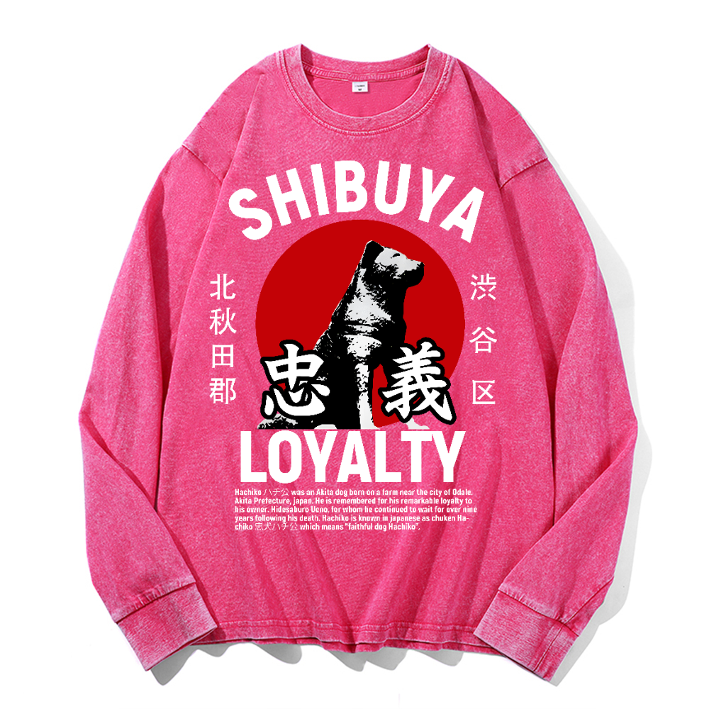 Shibuya Hachiko Vintage Cotton Wash Crewneck Long-Sleeve T-Shirt