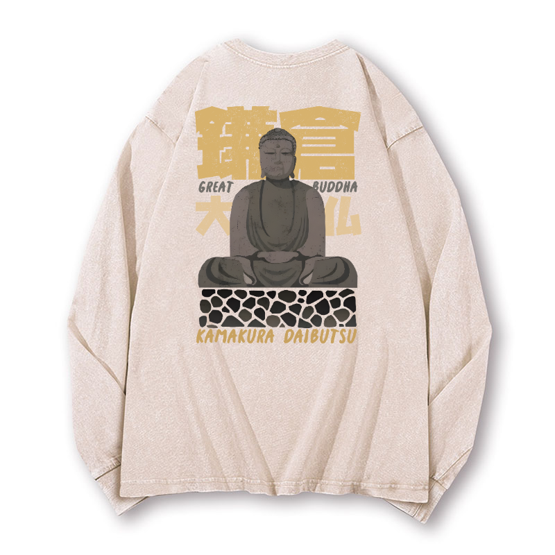 Buddhism Kamakura Daibutsu Great Buddha Vintage Washed Cotton Back Art Long-sleeve T-shirt