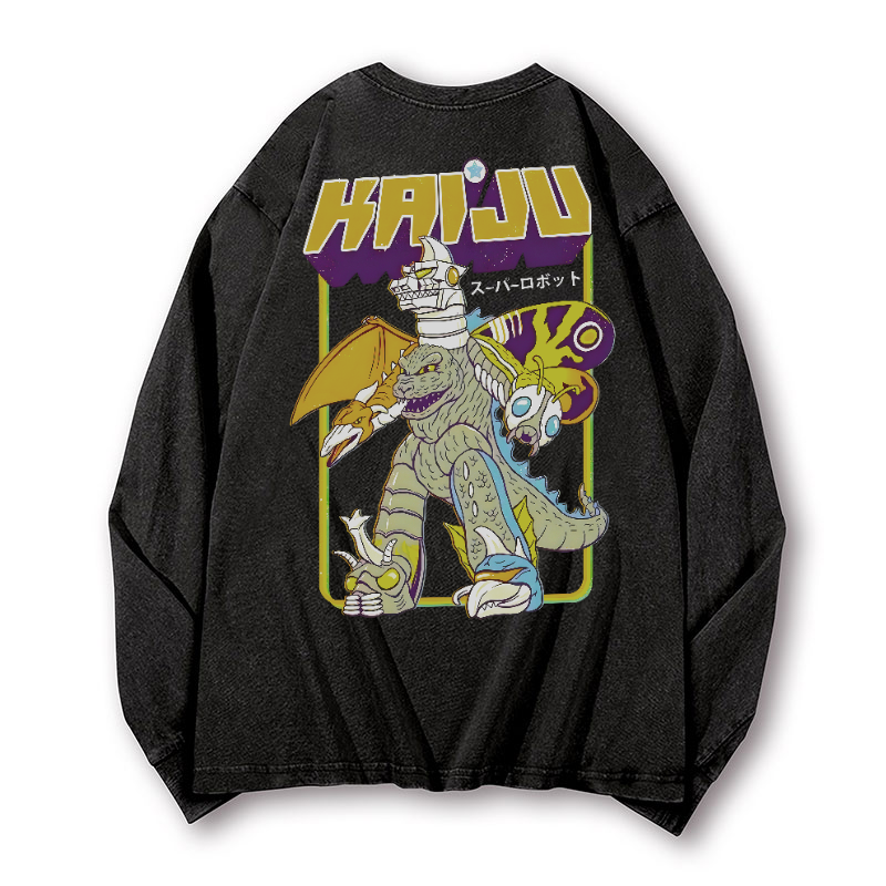 Kaiju Monster Vintage Washed Cotton Back Art Long-sleeve T-shirt