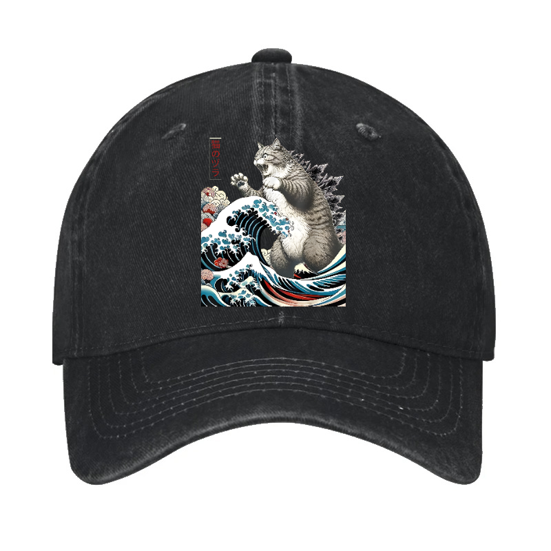 Cat Kaiju Ukiyoe Great Wave Vintage Cotton Hat