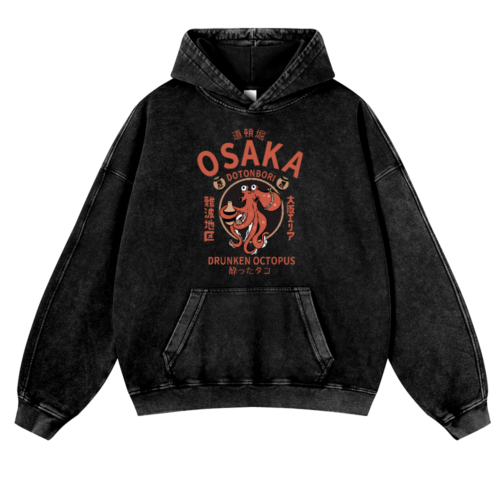 Osaka Dotonbori Drunken Octopus Vintage Washed Thick Cotton Hoodie