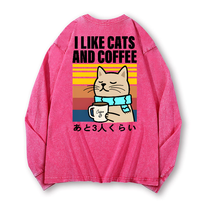 Cat Coffee Vintage Washed Cotton Back Art Long-sleeve T-shirt