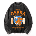 Osaka Dotonbori Drunken Octopus Vintage Cotton Wash Crewneck Long-Sleeve T-Shirt