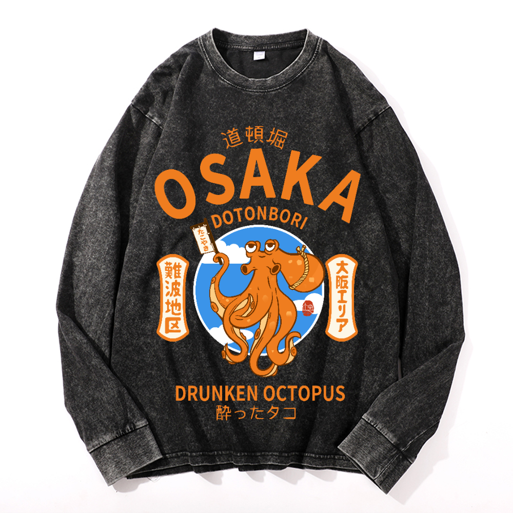 Osaka Dotonbori Drunken Octopus Vintage Cotton Wash Crewneck Long-Sleeve T-Shirt