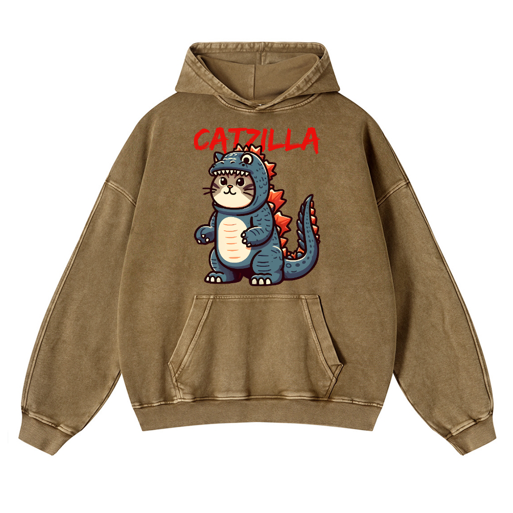 Catzilla Cat Kaiju Vintage Washed Thick Cotton Hoodie