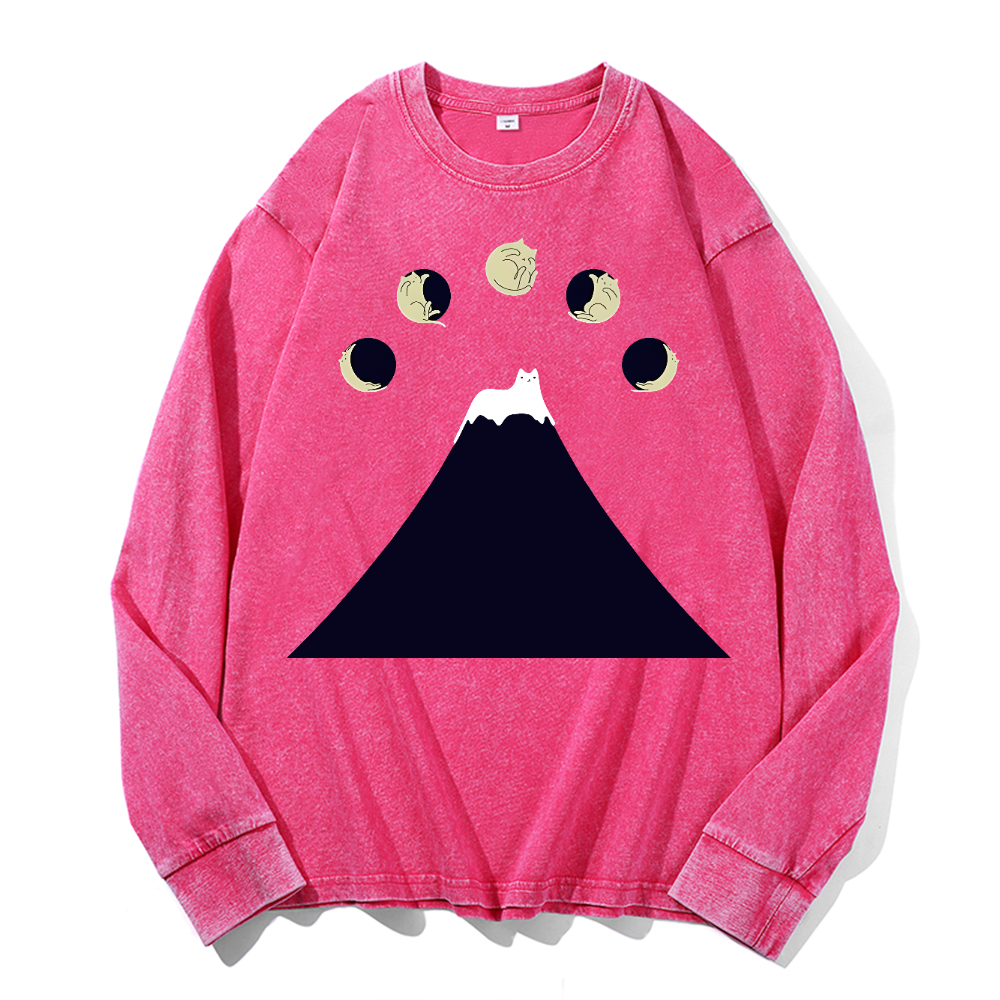 Fuji Cat Vintage Cotton Wash Crewneck Long-Sleeve T-Shirt