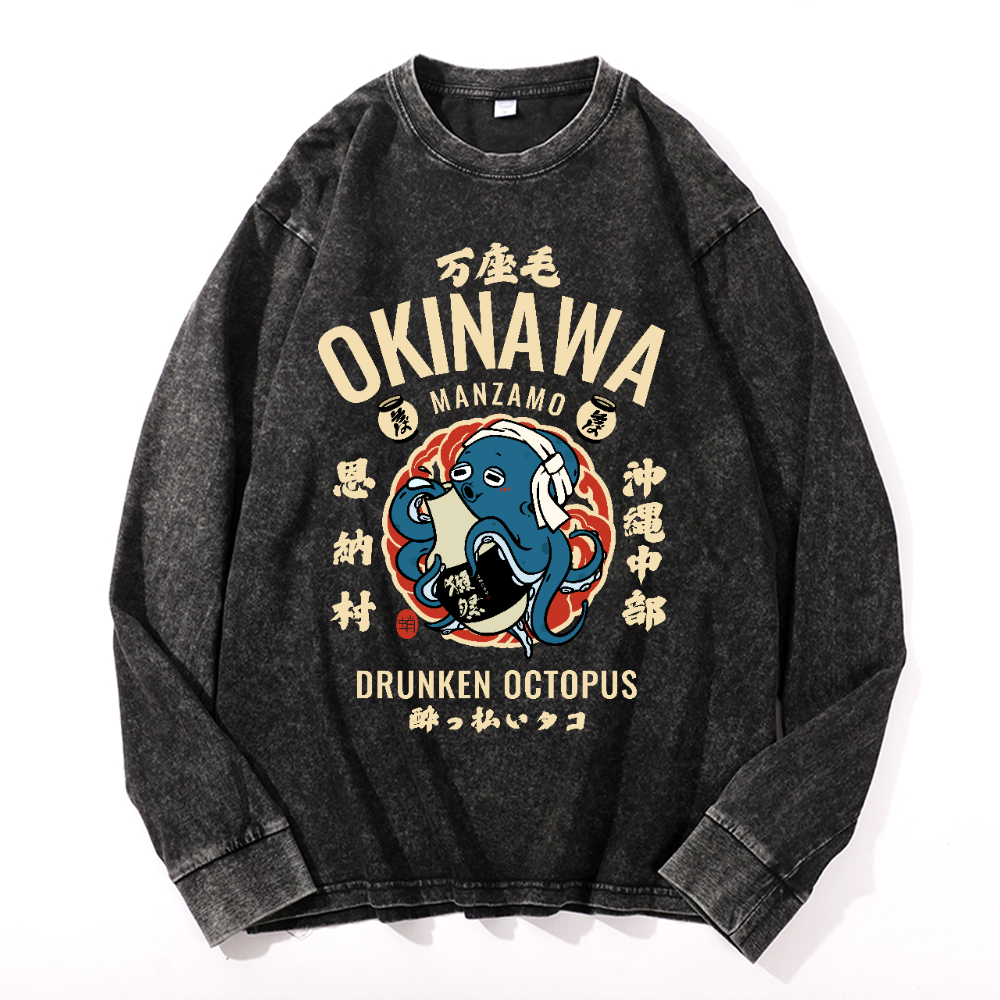 Okinawa Manzamo Drunken Octopus Vintage Cotton Wash Crewneck Long-Sleeve T-Shirt