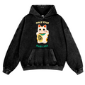 Lucky Cat Vintage Washed Thick Cotton Hoodie
