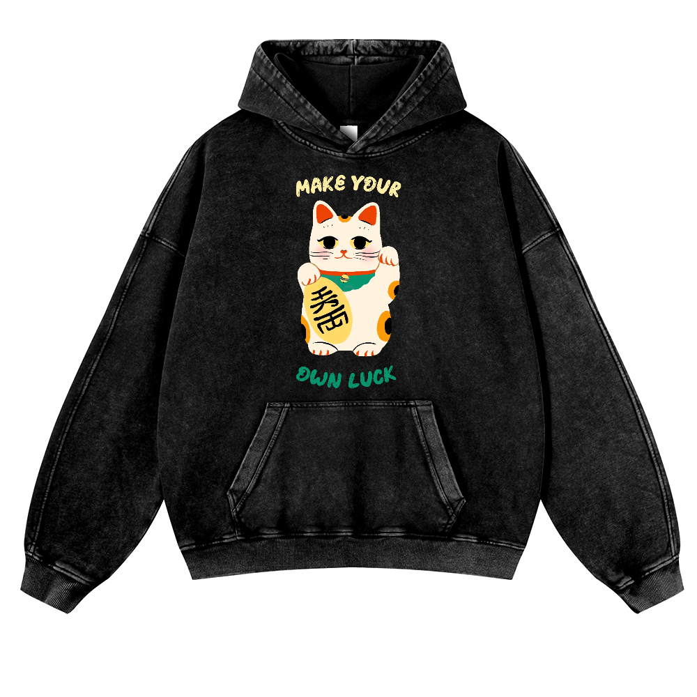 Lucky Cat Vintage Washed Thick Cotton Hoodie