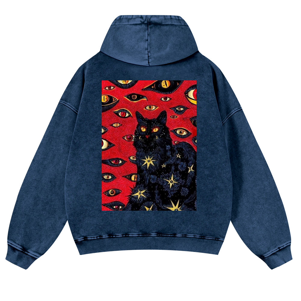 Cat Vintage Washed Cotton Back Art Hoodie